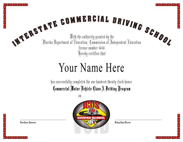 Interstate Commercial Driving School graduation certificate